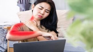 Woman Suffering from Neck Pain Spreading